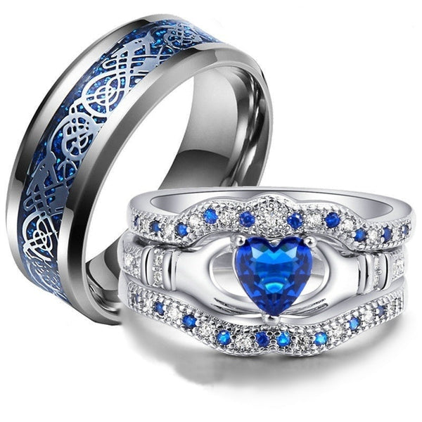 Silver Celtic Dragon Inlay and Blue Cubic Zirconia Claddagh Stainless Steel Wedding Bands-Couple Rings-Innovato Design-6-5-Innovato Design