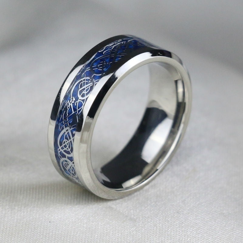 Silver Celtic Dragon Inlay and Blue Cubic Zirconia Claddagh Stainless Steel Wedding Bands-Couple Rings-Innovato Design-6-5-Innovato Design