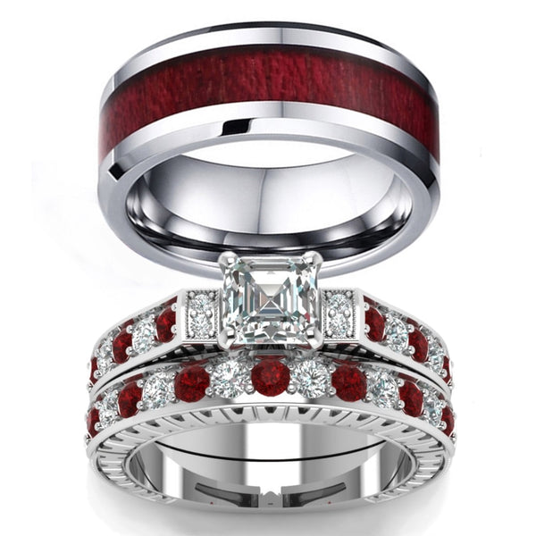 Red Koa Wood Inlay and Crystal Rhinestone Stainless Steel Wedding Bands Set-Couple Rings-Innovato Design-5-6-Innovato Design
