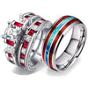 Red Koa Wood & Opal and White/Red Cubic Zirconia Stainless Steel Wedding Ring Set-Couple Rings-Innovato Design-6-5-Innovato Design