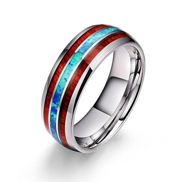 Red Koa Wood & Opal and White/Red Cubic Zirconia Stainless Steel Wedding Ring Set-Couple Rings-Innovato Design-6-5-Innovato Design