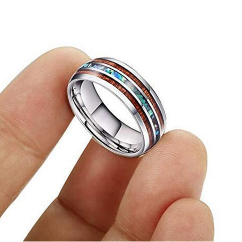 Red Koa Wood & Opal and White/Red Cubic Zirconia Stainless Steel Wedding Ring Set-Couple Rings-Innovato Design-6-5-Innovato Design