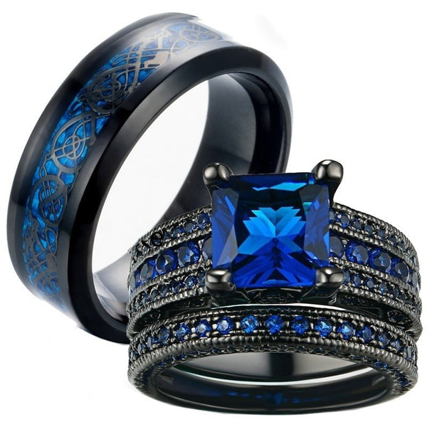 Black Celtic Dragon Inlay and Blue Cubic Zirconia Stainless Steel Wedding Ring Set-Couple Rings-Innovato Design-6-5-Innovato Design