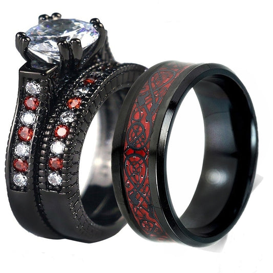 Black Celtic Dragon Inlay and White Cubic Zirconia Stainless Steel Wedding Ring Set-Couple Rings-Innovato Design-6-5-Innovato Design