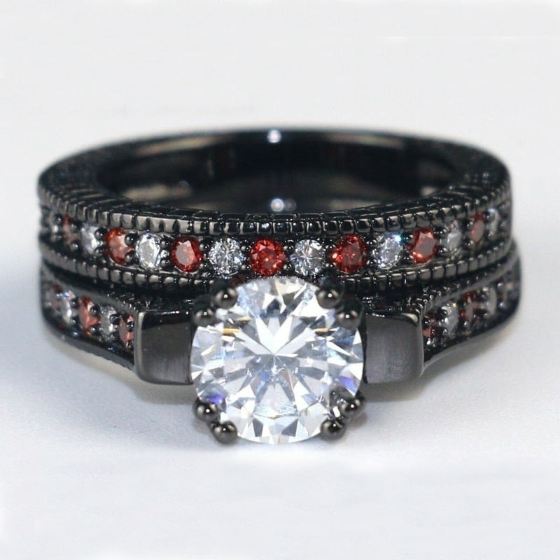 Black Celtic Dragon Inlay and White Cubic Zirconia Stainless Steel Wedding Ring Set-Couple Rings-Innovato Design-6-5-Innovato Design