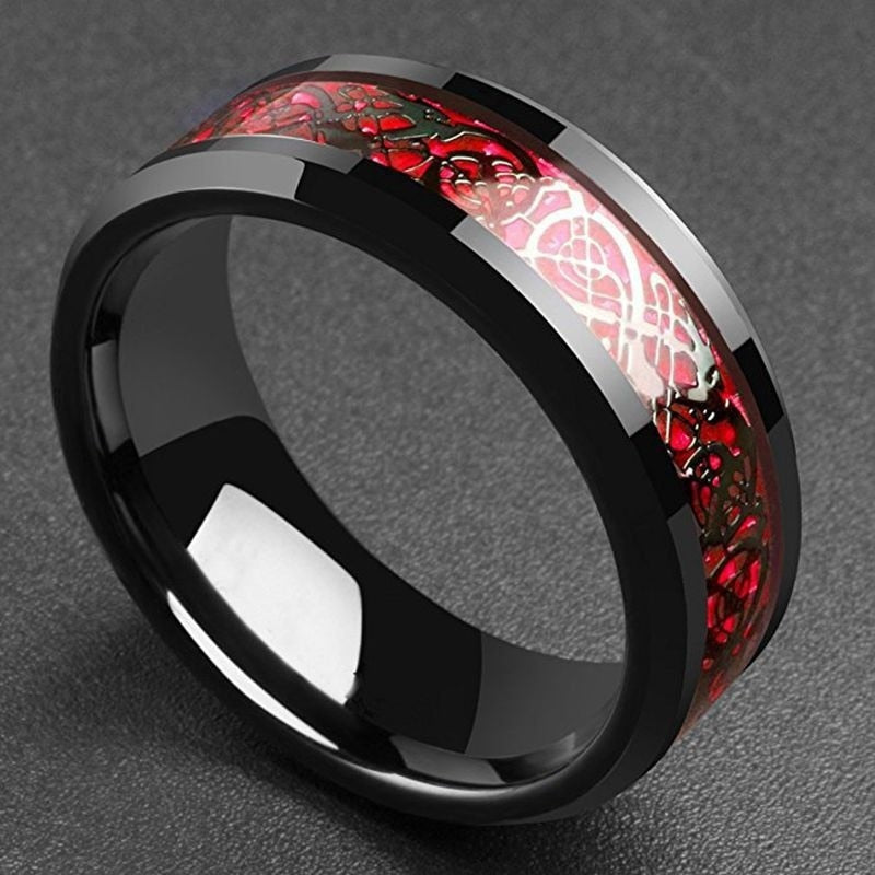 Black Celtic Dragon Inlay and White Cubic Zirconia Stainless Steel Wedding Ring Set-Couple Rings-Innovato Design-6-5-Innovato Design