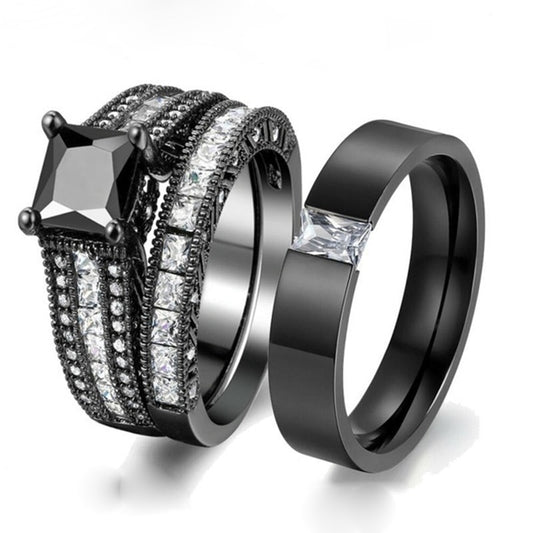 White/Black Cubic Zirconia Stainless Steel Wedding Ring Set-Couple Rings-Innovato Design-6-5-Innovato Design