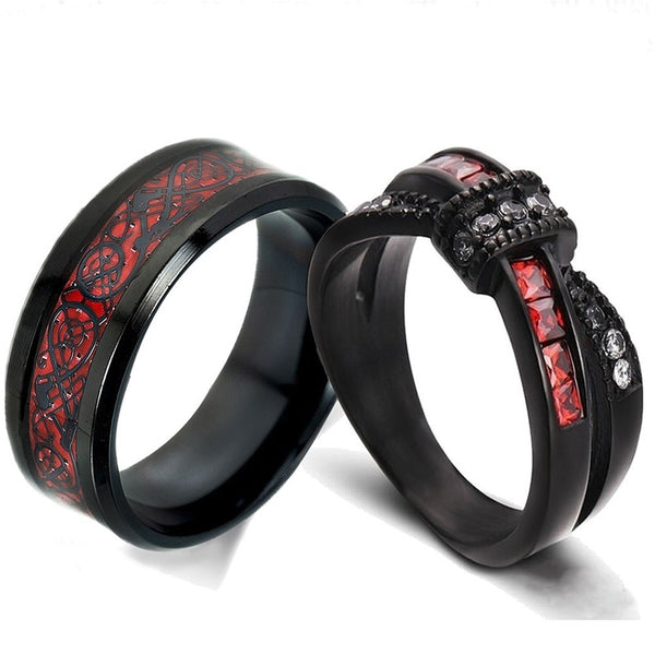 Black Celtic Dragon Inlay and Bow White/Red Cubic Zirconia Stainless Steel Wedding Ring Set-Couple Rings-Innovato Design-6-5-Innovato Design