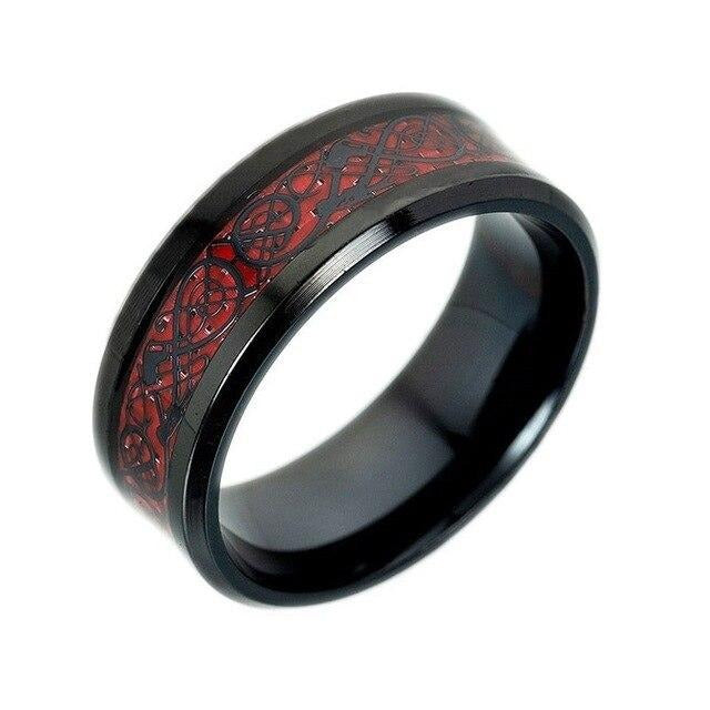 Black Celtic Dragon Inlay and Bow White/Red Cubic Zirconia Stainless Steel Wedding Ring Set-Couple Rings-Innovato Design-6-5-Innovato Design
