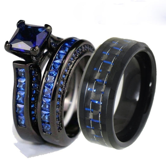 Blue/Black Carbon Fiber Inlay and Blue Cubic Zirconia Stainless Steel Wedding Ring Set-Couple Rings-Innovato Design-6-5-Innovato Design