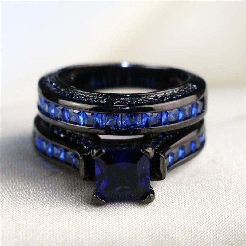 Blue/Black Carbon Fiber Inlay and Blue Cubic Zirconia Stainless Steel Wedding Ring Set-Couple Rings-Innovato Design-6-5-Innovato Design