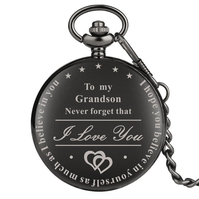 "To My Grandson I Love You" Golden Case White Dial Quartz Necklace Chain Pendant Pocket Watch-Pocket Watch-Innovato Design-Black-Innovato Design