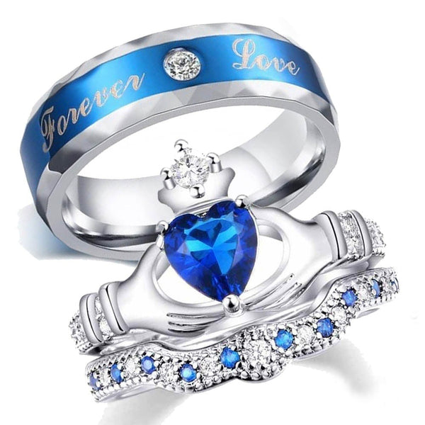 Blue Cubic Zirconia Claddagh and Forever Love Stainless Steel Wedding Bands Set-Couple Rings-Innovato Design-6-6-Innovato Design