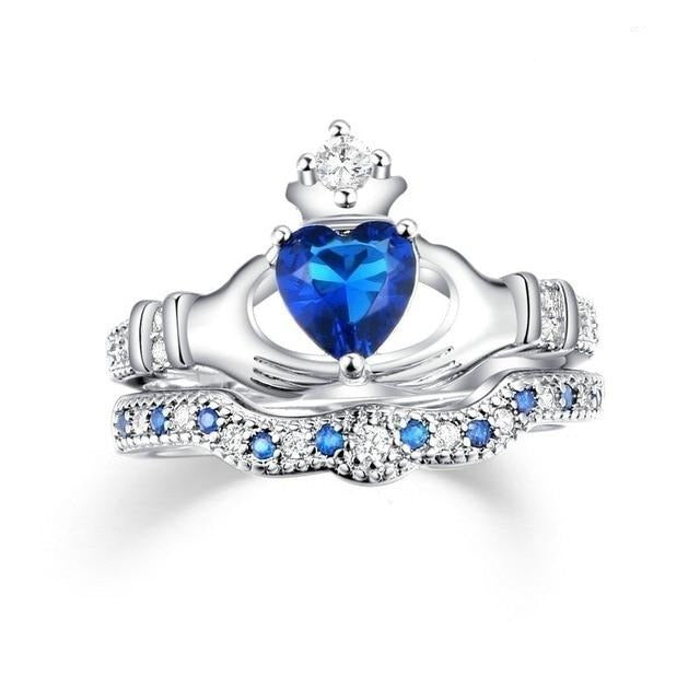 Blue Cubic Zirconia Claddagh and Forever Love Stainless Steel Wedding Bands Set-Couple Rings-Innovato Design-6-6-Innovato Design