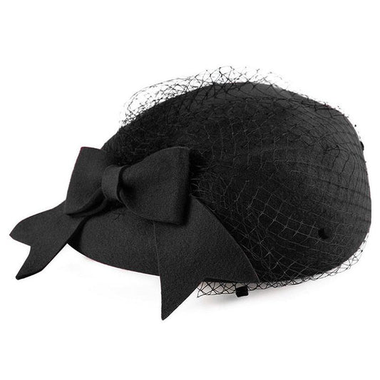 Wool Pillbox Fascinator Hat with Netted Veil and Bowknot-Hats-Innovato Design-Black Wool Hat-Innovato Design