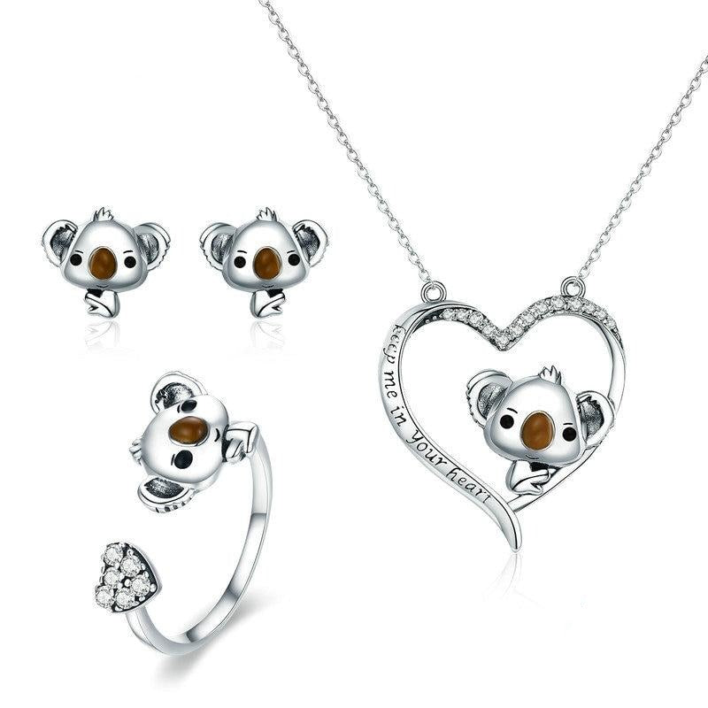 Cute Koala Bear and Cubic Zirconia Heart 925 Sterling Silver Necklace, Earrings & Ring Jewelry Set-Jewelry Sets-Innovato Design-Innovato Design