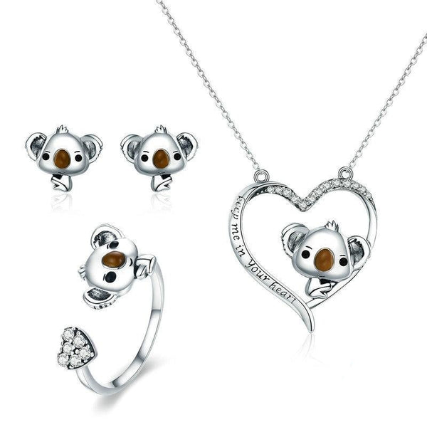 Cute Koala Bear and Cubic Zirconia Heart 925 Sterling Silver Necklace, Earrings & Ring Jewelry Set