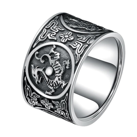 Chinese Four Creatures Dragon, Tiger, Bird and Turtle 999 Genuine Silver Vintage Biker Ring