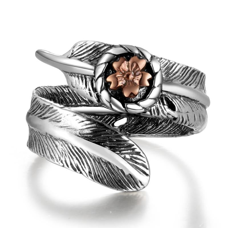 Rose Gold Flower and Feather 925 Sterling Silver Adjustable Vintage Punk Ring-Rings-Innovato Design-Innovato Design