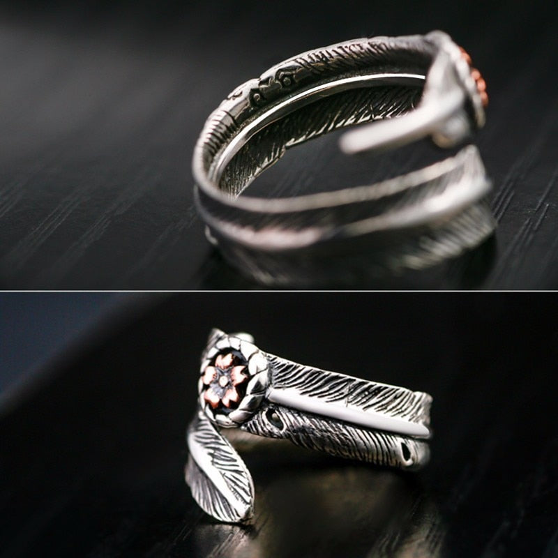 Rose Gold Flower and Feather 925 Sterling Silver Adjustable Vintage Punk Ring-Rings-Innovato Design-Innovato Design