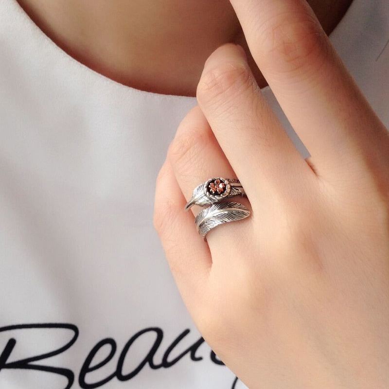 Rose Gold Flower and Feather 925 Sterling Silver Adjustable Vintage Punk Ring-Rings-Innovato Design-Innovato Design