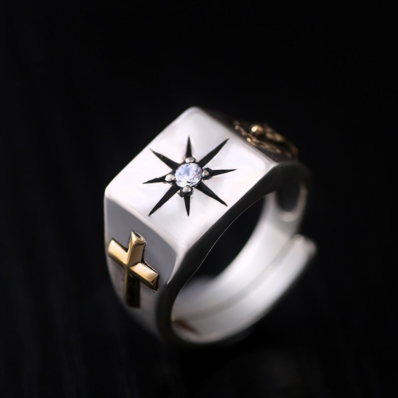 Christian Cross and Virgin Mary White Cubic Zirconia 925 Sterling Silver Adjustable Vintage Ring-Rings-Innovato Design-Innovato Design