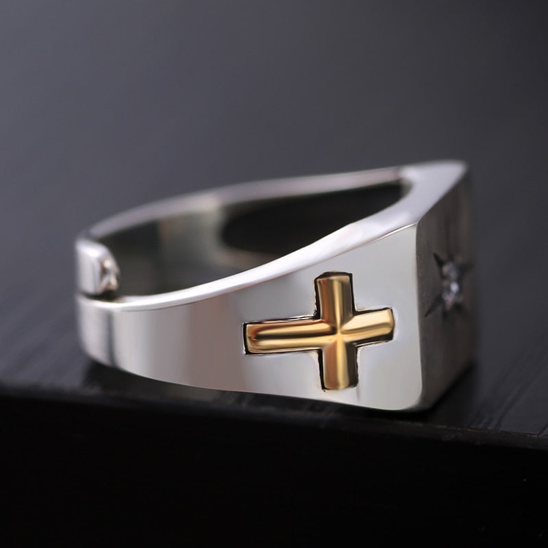 Christian Cross and Virgin Mary White Cubic Zirconia 925 Sterling Silver Adjustable Vintage Ring-Rings-Innovato Design-Innovato Design