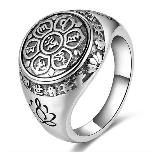 Six Words Buddha Mantra Signet 925 Sterling Silver Vintage Biker Ring-Gothic Rings-Innovato Design-7-Innovato Design