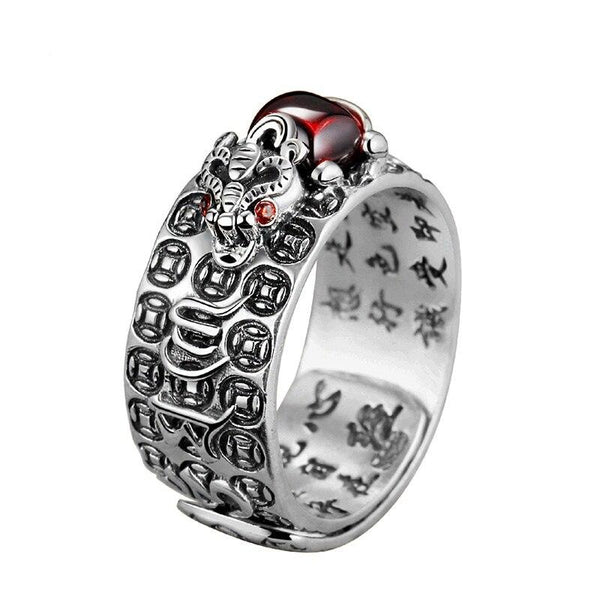 Brave Troops Lettering Red Cubic Zirconia 925 Sterling Silver Adjustable Ring