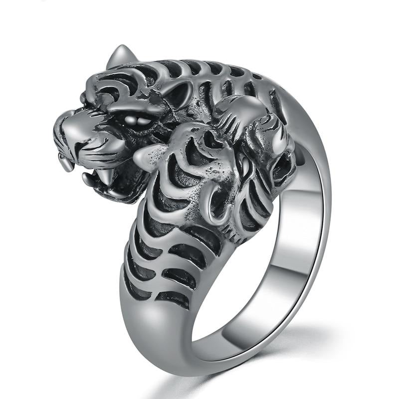 Gothic Two Black Tiger Heads 925 Sterling Silver Vintage Ring-Rings-Innovato Design-Innovato Design