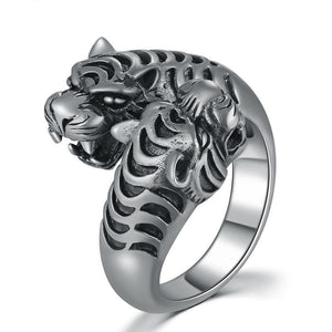 Gothic Two Black Tiger Heads 925 Sterling Silver Vintage Ring-Rings-Innovato Design-Innovato Design