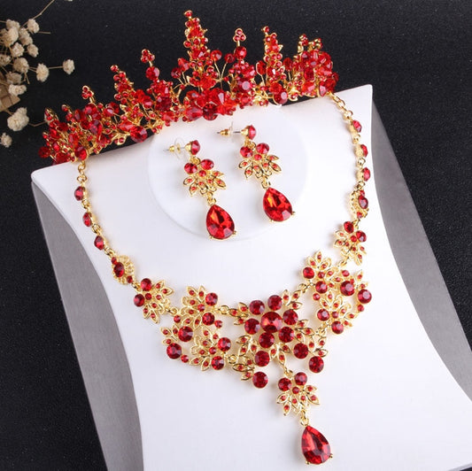 Baroque Vintage Gold, Red Crystal and Rhinestone Tiara, Necklace & Earrings Jewelry Set-Jewelry Sets-Innovato Design-Innovato Design