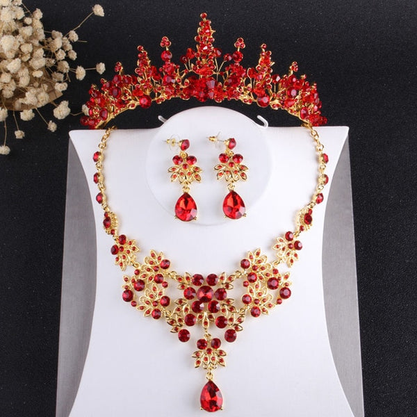 Baroque Vintage Gold, Red Crystal and Rhinestone Tiara, Necklace & Earrings Jewelry Set-Jewelry Sets-Innovato Design-Innovato Design