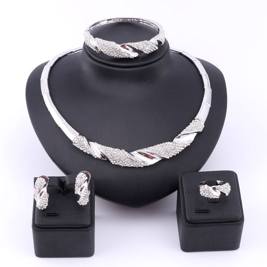 Twisted Band Crystal Necklace, Bracelet, Earrings & Ring Wedding Statement Jewelry Set-Jewelry Sets-Innovato Design-Gold-Innovato Design