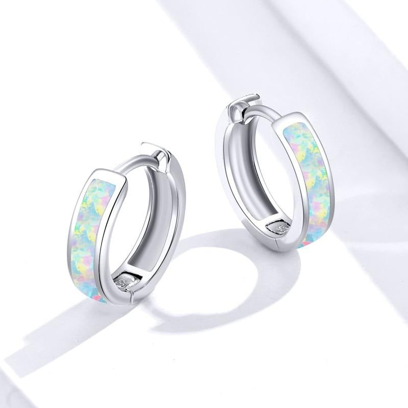 Opal Round Ear Clip 925 Sterling Silver Hoop Earrings-Earrings-Innovato Design-Innovato Design
