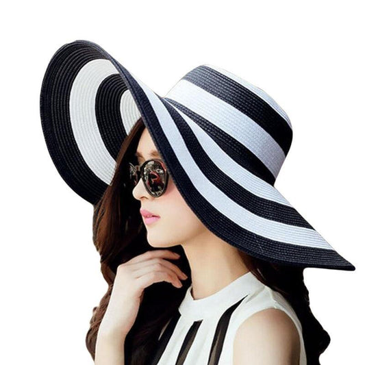 Summer Wide Brim Floppy Striped Straw Sun Ladies Hat-Hats-Innovato Design-Black-Innovato Design