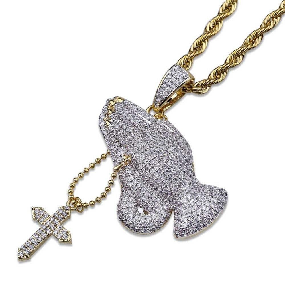 Virgin Mary Praying Hands and Cross Gold and Silver-Plated Stainless Steel Pendant Necklace-Necklace-Innovato Design-Innovato Design