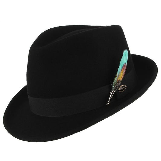 Wool Fedora Trilby Hat with Multicolored Feather on Black Hatband-Hats-Innovato Design-Light Blue-Innovato Design