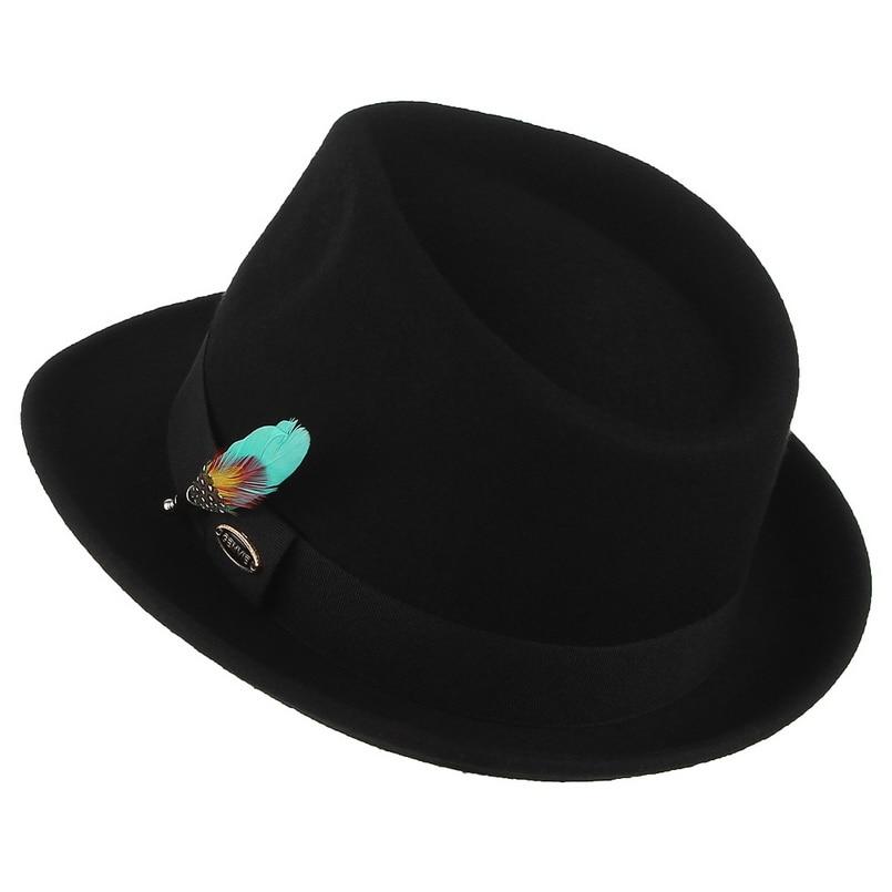 Wool Fedora Trilby Hat with Multicolored Feather on Black Hatband-Hats-Innovato Design-Light Blue-Innovato Design