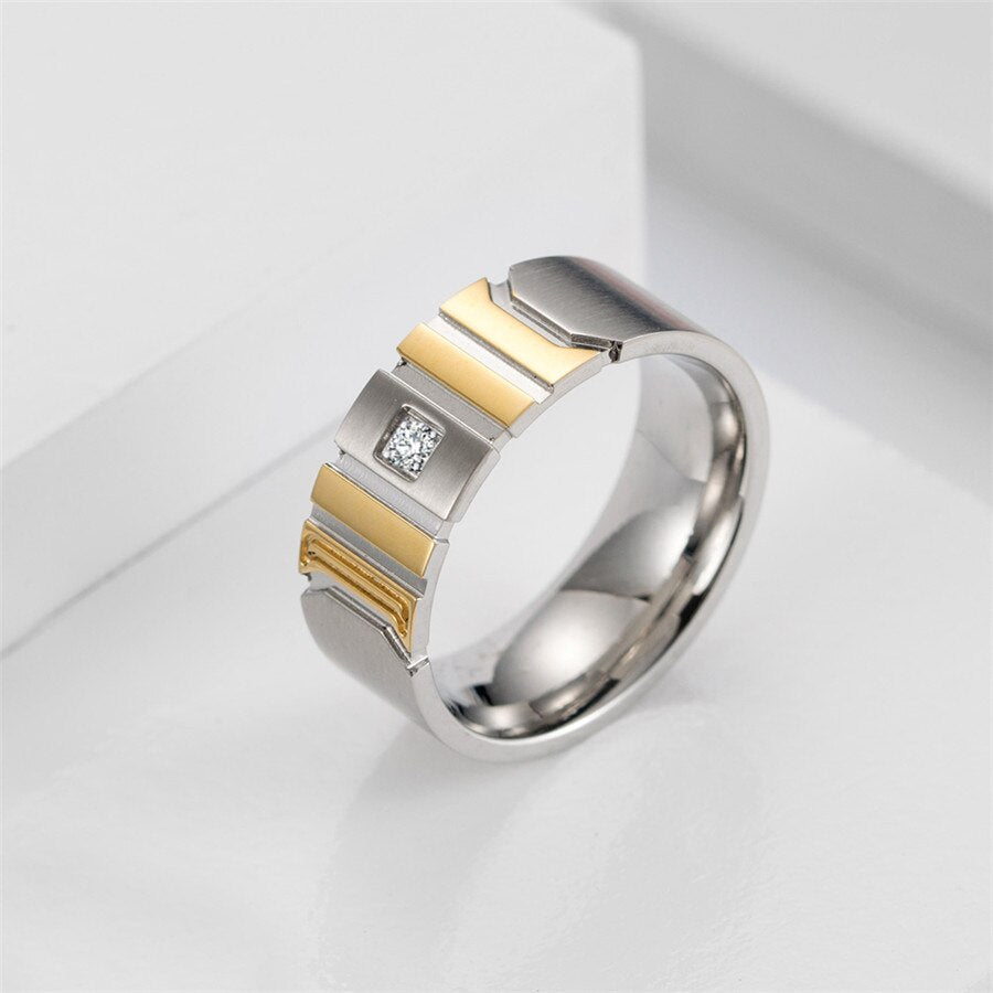Grooved Matte Finish with Cubic Zirconia Titanium Wedding Ring-Rings-Innovato Design-6-Gold-Innovato Design