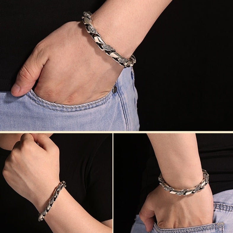 High Polished Embossed Auspicious Flowers 925 Sterling Silver Handmade Vintage Punk Bracelet-Bracelets-Innovato Design-7.09in-Innovato Design