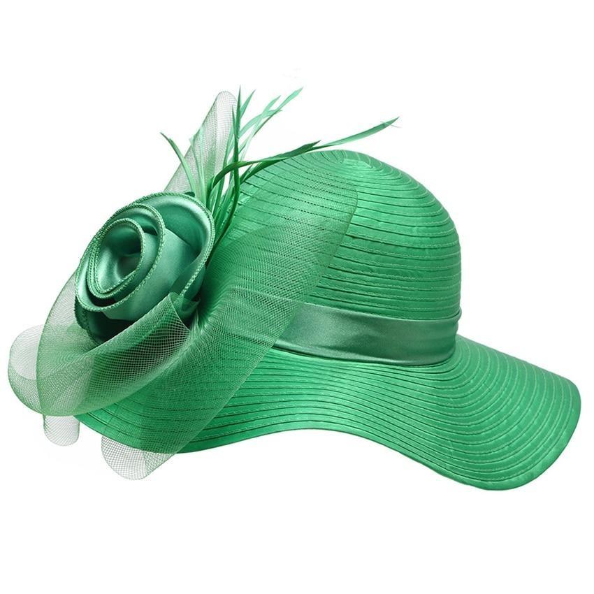Floppy Wide Brim Floral Satin Sun Hat with Feathers-Hats-Innovato Design-Green-Innovato Design
