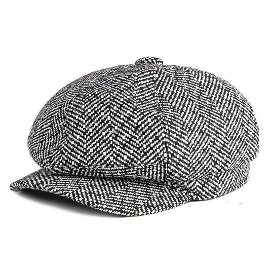 Tweed Herringbone Octagonal Newsboy Cap with a Button-Hats-Innovato Design-Light Gray-Innovato Design
