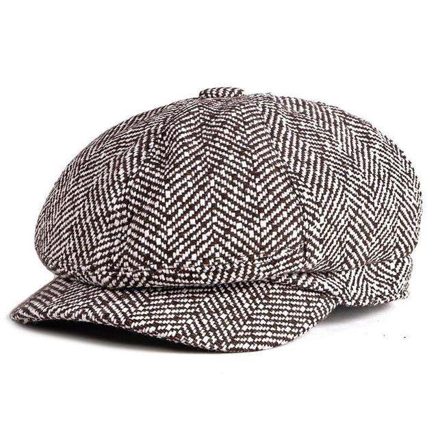 Tweed Herringbone Octagonal Newsboy Cap with a Button-Hats-Innovato Design-Light Brown-Innovato Design