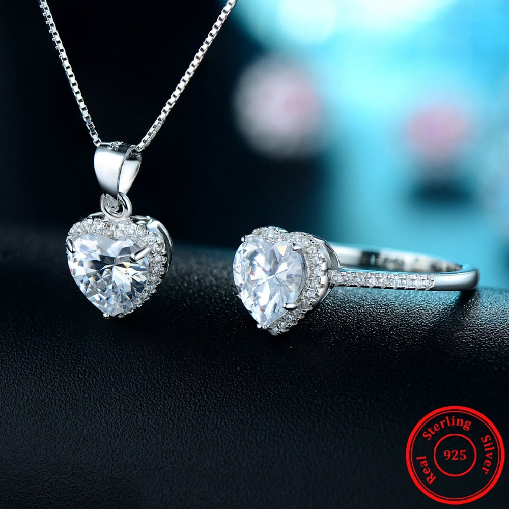 Natural Crystal Heart 925 Sterling Silver Necklace & Ring Fashion Wedding Jewelry Set-Jewelry Sets-Innovato Design-5-Innovato Design