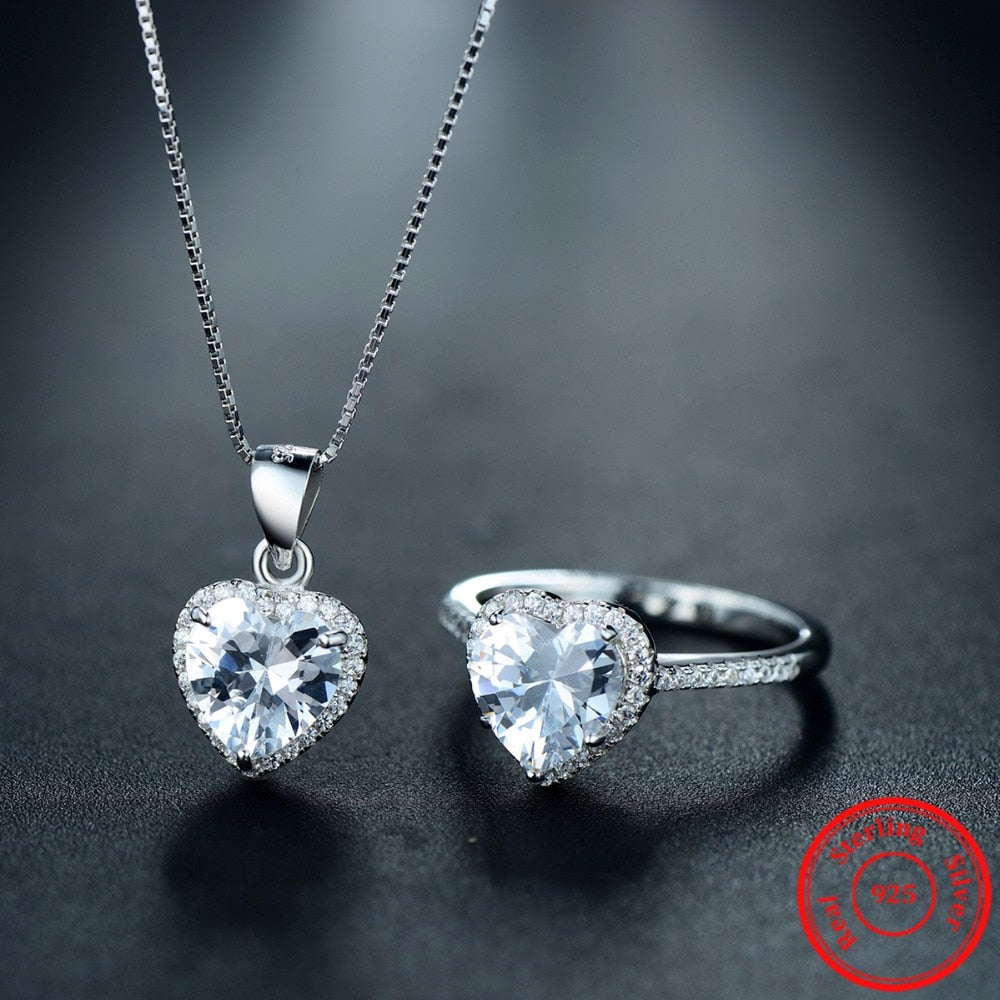 Natural Crystal Heart 925 Sterling Silver Necklace & Ring Fashion Wedding Jewelry Set-Jewelry Sets-Innovato Design-5-Innovato Design