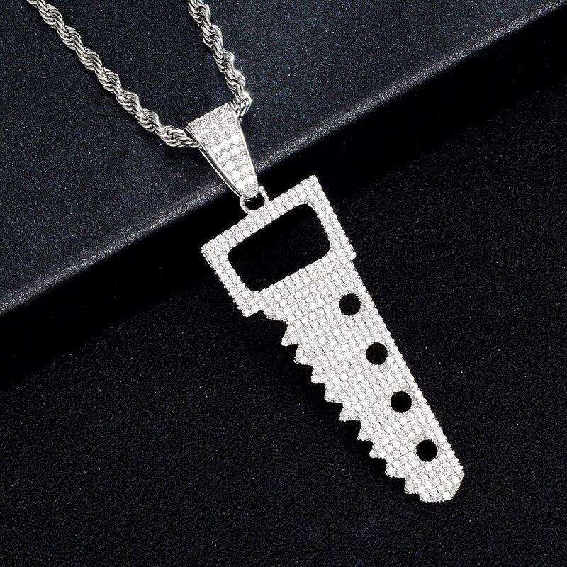 Cubic-Zirconia-Studded Saw Bling Hip-hop Pendant Necklace-Necklaces-Innovato Design-Silver-Tennis-20inch-Innovato Design