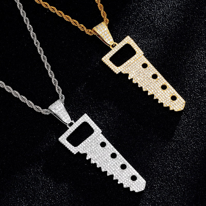 Cubic-Zirconia-Studded Saw Bling Hip-hop Pendant Necklace-Necklaces-Innovato Design-Silver-Tennis-20inch-Innovato Design