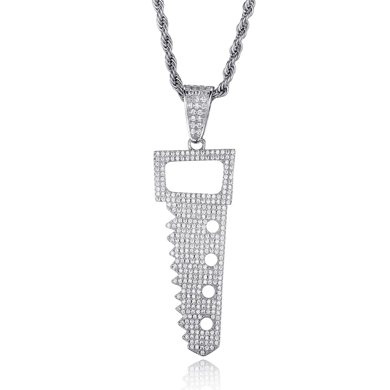 Cubic-Zirconia-Studded Saw Bling Hip-hop Pendant Necklace-Necklaces-Innovato Design-Silver-Tennis-20inch-Innovato Design
