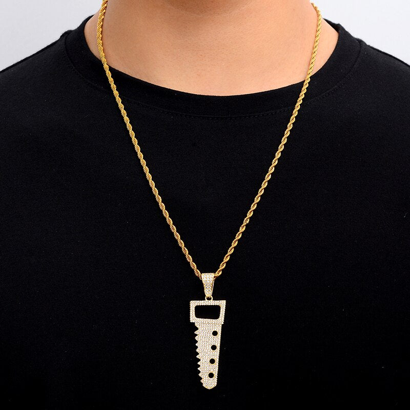 Cubic-Zirconia-Studded Saw Bling Hip-hop Pendant Necklace-Necklaces-Innovato Design-Silver-Tennis-20inch-Innovato Design